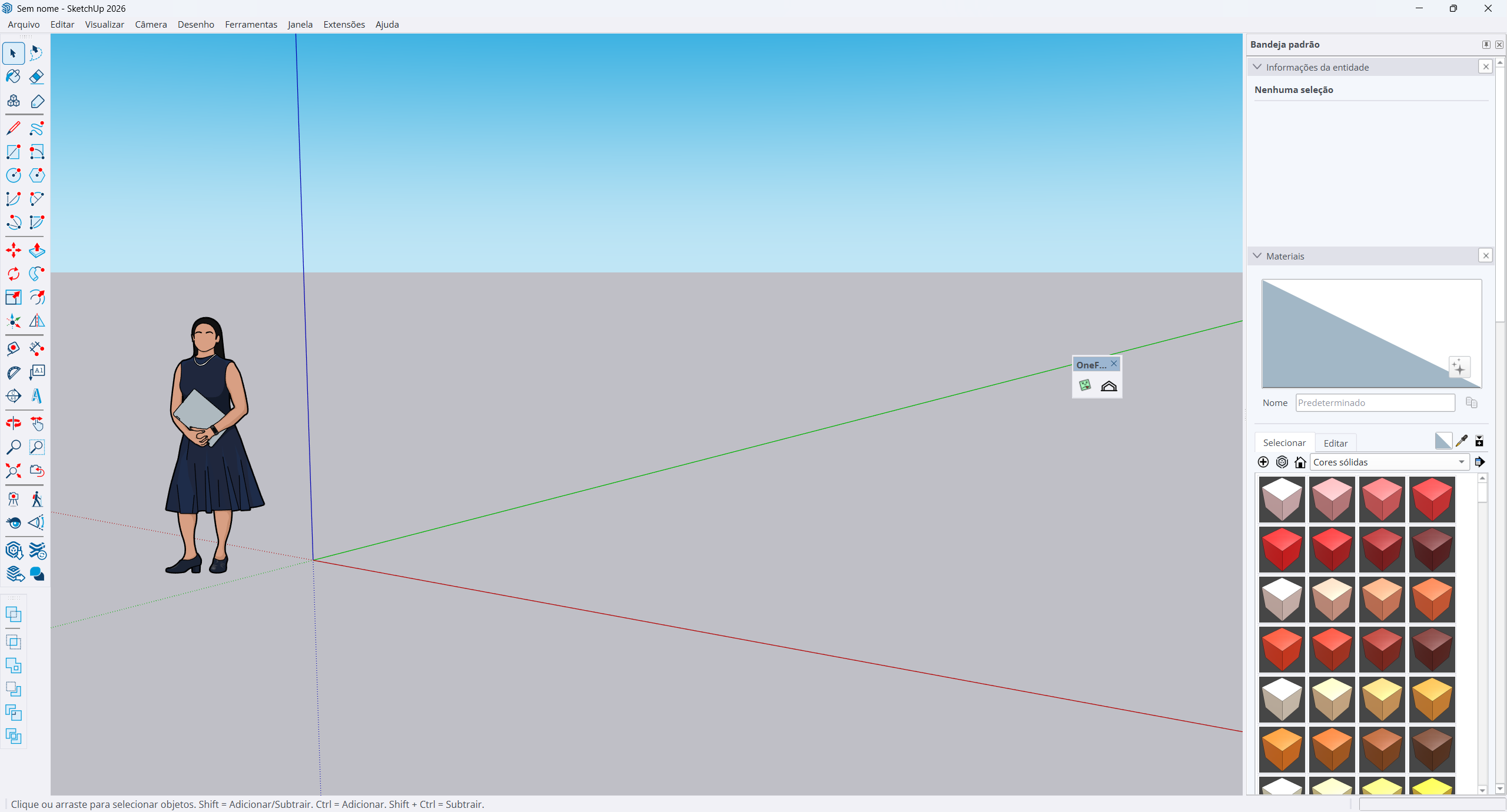 Área de trabalho do SketchUp 2026 com a barra do OneFrame